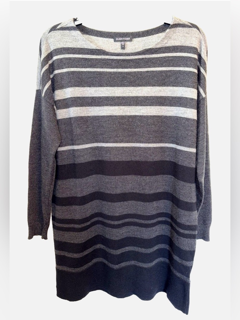 Eileen Fisher Merino Wool Tunic Sweater S Gray Black Stripe Long Sleeve
